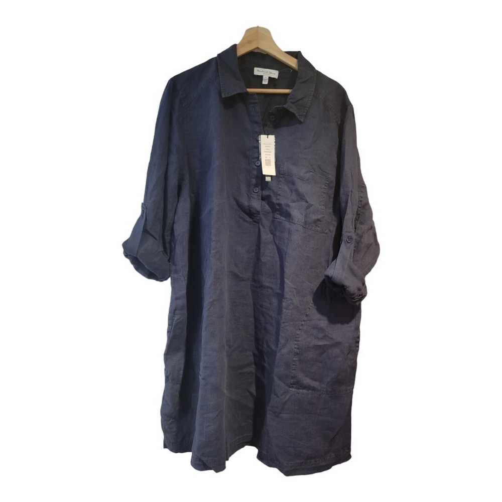 Michael Stars Eleanor Popover Woven Linen Shirt Dress Admiral Navy Size 2X $168